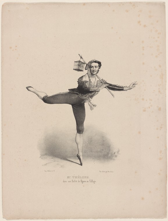 A man in a coat with military trim performs a theatrical pose with one leg raised high, arms outstretched, in an engraving.