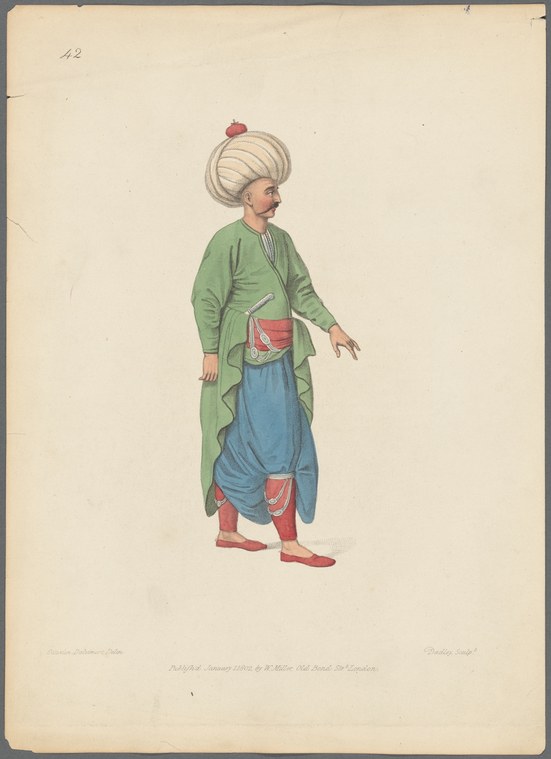 A standing Ottoman figure in cream turban, green kaftan, and blue trousers, in a static pose against a plain background.
