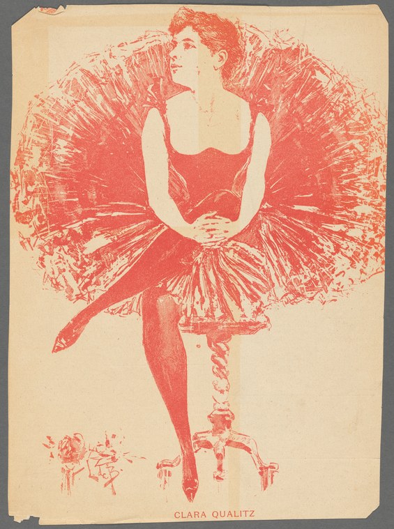 A female ballet dancer in a voluminous red tutu gazes upward, arms at her sides, in an early 20th-century theatrical portrait print.