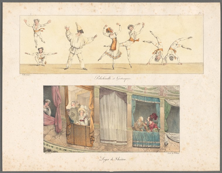 Engraving in two registers: above, six acrobats in extreme contortions; below, elegantly dressed spectators in theater boxes.