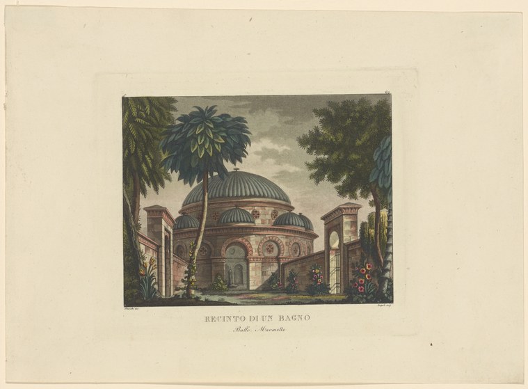 Hand-colored engraving of a domed Ottoman bathhouse interior with small figures dancing, framed by tropical plants.