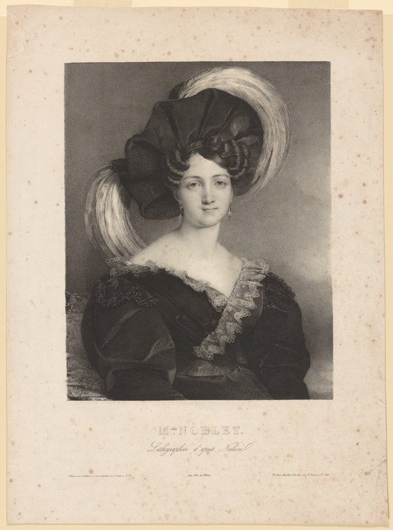 Fashionable young woman in dark velvet gown and enormous feathered bonnet, three-quarter portrait lithograph.