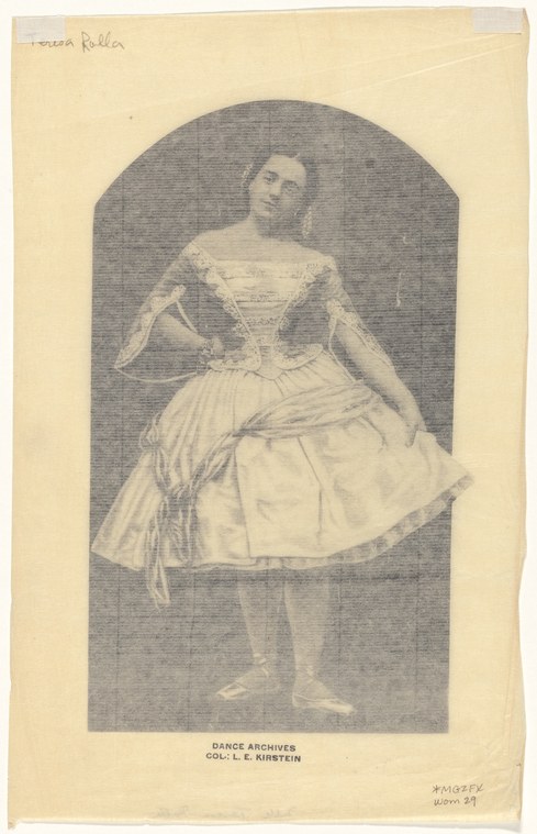 A mid-nineteenth-century engraving of a young woman in romantic ballet costume, standing in a posed position within an arched theatrical frame.