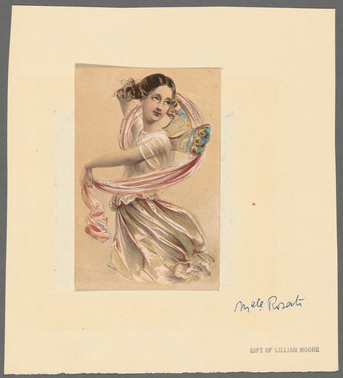 A young woman in pale tulle ballet dress with lifted arms and upward gaze, surrounded by flowing ribbons.