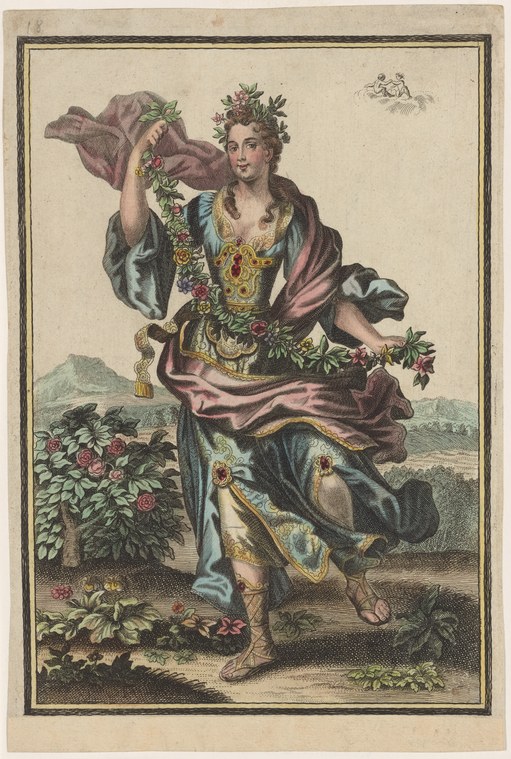 18th-century hand-colored engraving of a female dancer in an elaborate pink and gold costume, holding aloft flowing fabric, posed in a garden setting.