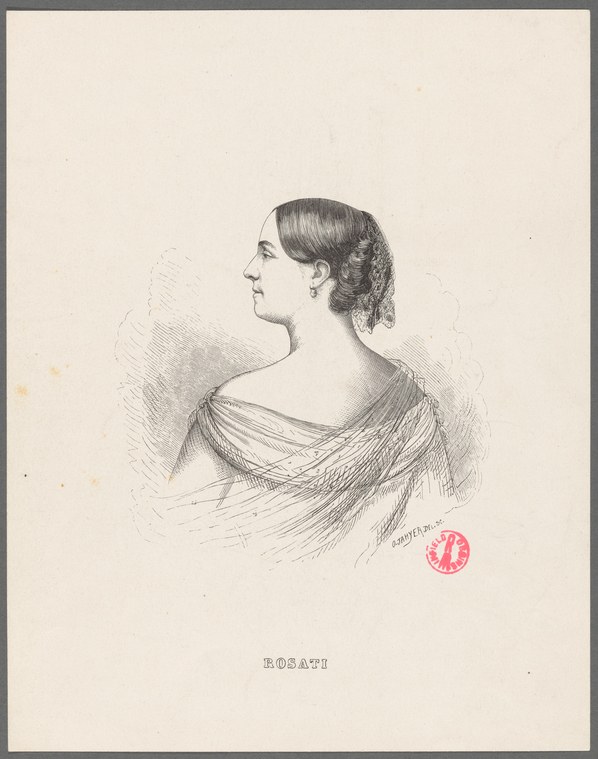 Profile engraving of a woman with hair in a chignon, wearing classical drapery, identified as Rosati.