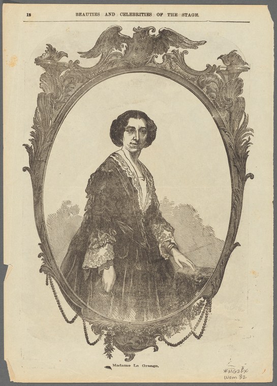 Engraved portrait of a woman in Victorian dress, dark jacket and lace cuffs, in an ornate oval frame topped with an eagle.