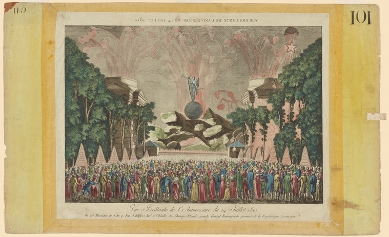 Hand-colored engraving of hundreds of people gathered in a tree-lined plaza watching a colossal allegorical beast with a figure astride it amid clouds of smoke.