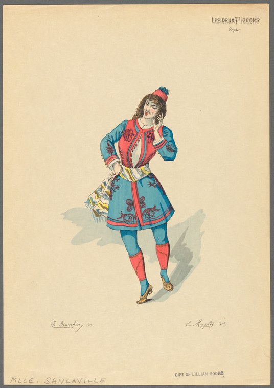 A woman in a blue dress with red trim, red socks, and a plumed hat stands in a jaunty pose holding a fan, against a pale background.