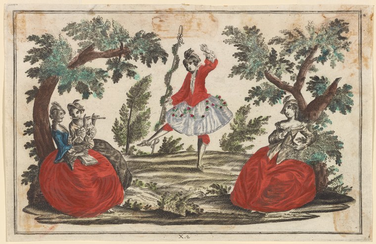 Hand-colored engraving: a man in red coat performs an arched backbend on a rope between trees while two women in red skirts watch seated below.