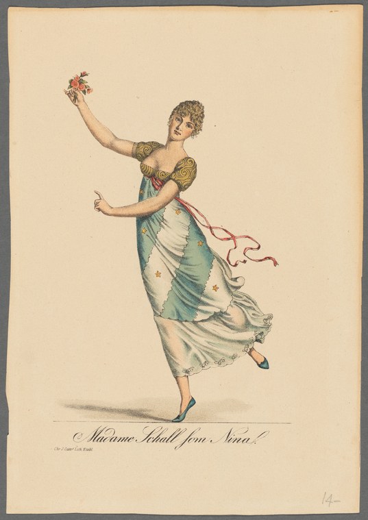 A young woman in a white muslin dress and green shawl leaps forward with outstretched arms, holding a bouquet of flowers, in a hand-colored engraving.
