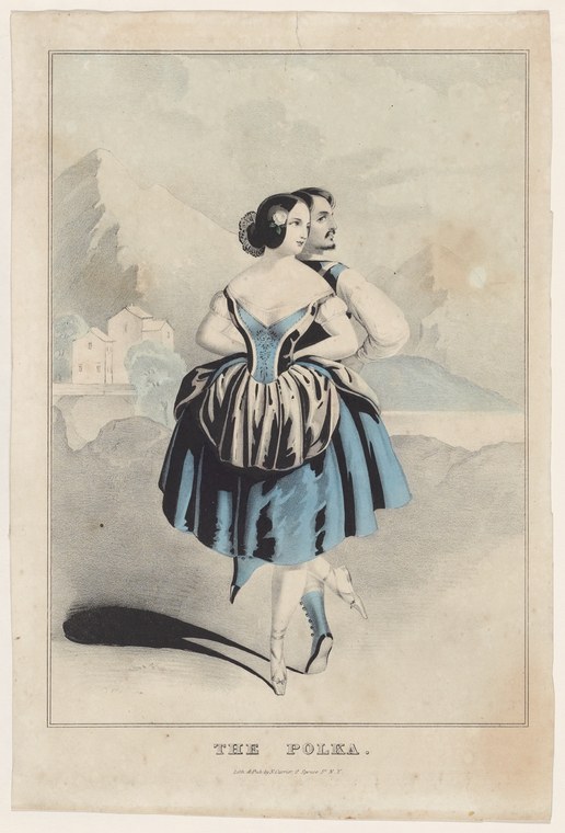 Woman in mid-nineteenth-century dress with blue skirt and striped shawl, looking over her shoulder in a graceful pose.