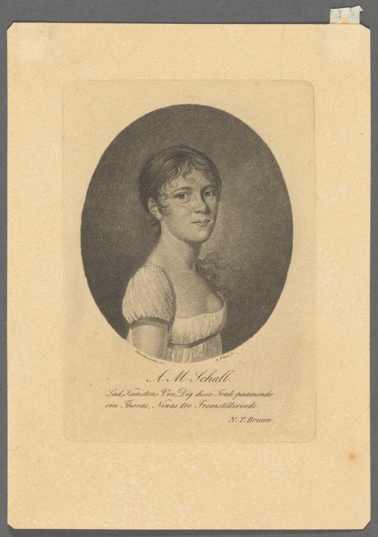 Early 19th-century line engraving of a young woman in an Empire-waist white dress within an oval frame, identified as A.M. Schall, a theatrical performer.