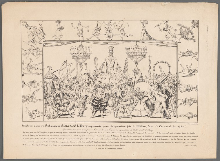 Engraved design for a masked ball ballet showing dozens of costumed dancers and acrobats in theatrical chaos, with aerial performers above.