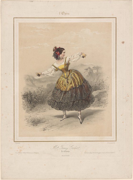 A woman in a yellow-striped Spanish costume and white shawl stands in a theatrical pose with raised arms, in a hand-colored lithograph.