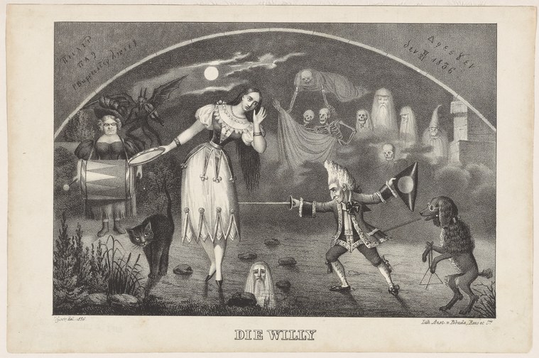 A woman in classical drapery summons spectral figures—ghosts, demons, and shadowy forms—in this supernatural engraving, rendered through fine hatching and