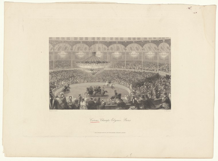 A wood engraving of acrobatic performers suspended on apparatus in the center of a vast amphitheater filled with spectators, beneath a vaulted glass roof.