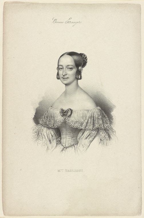 Engraving of a young woman in white off-shoulder dress with elaborate dark hair, identified as Marie Taglioni, the Romantic-era ballerina.
