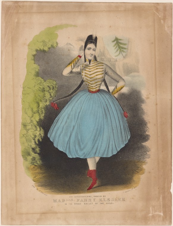 Fanny Elssler in theatrical costume for the Cracovienne: military-style jacket with gold striping, pale blue pleated skirt, red boots.