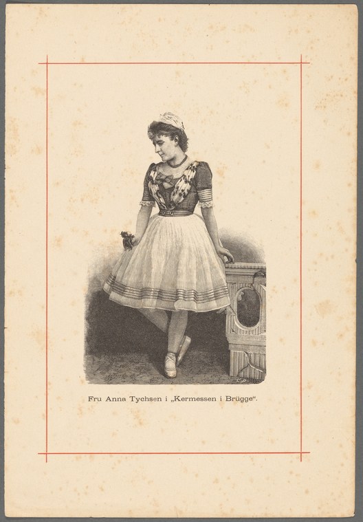 A woman in 19th-century theatrical costume stands in a relaxed pose, wearing a fitted dark bodice and pale full skirt with ribbon trim.