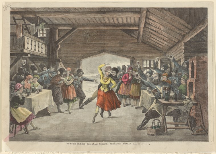 Hand-colored engraving of a woman in red skirt and yellow trim dancing in a crowded wooden hall lit from the rear, surrounded by watching figures in period