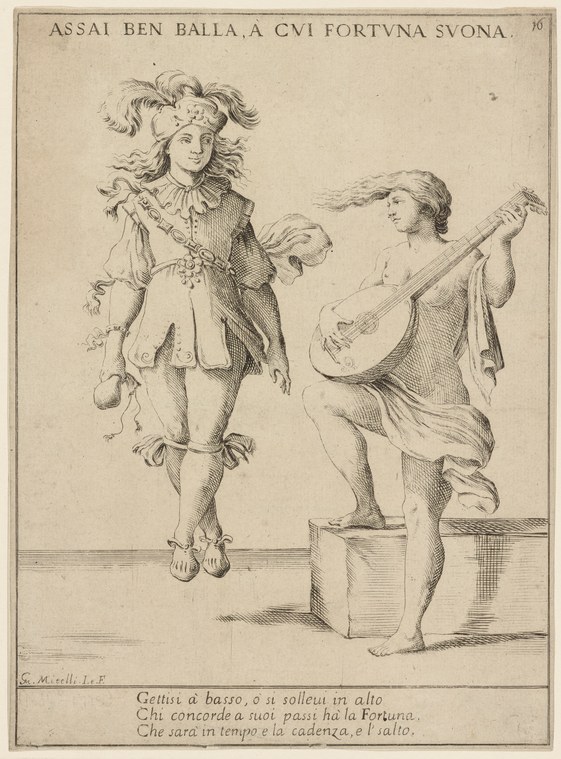 A man in Renaissance dress plays lute while a seated woman plays a stringed instrument; an inscription below discusses the coordination of dance and music.