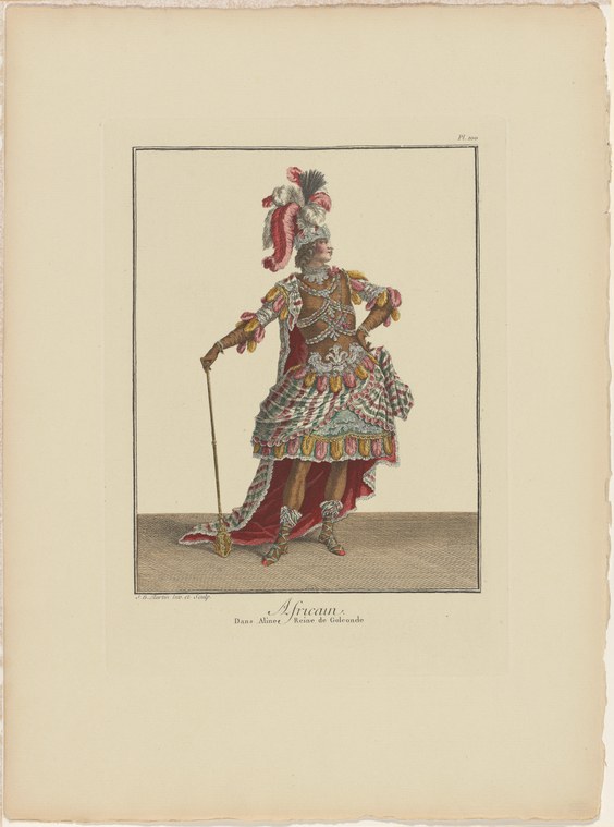A single figure in elaborate 18th-century costume stands in a formal pose, holding a cane, wearing a patterned skirt and tall feathered headdress.