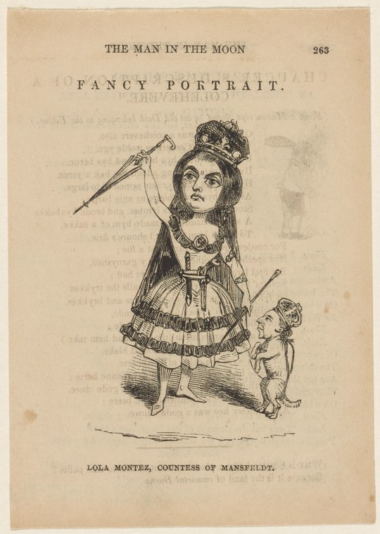 Engraving of a woman in 19th-century theatrical dress holding a riding crop, with a small cherub figure beside her.