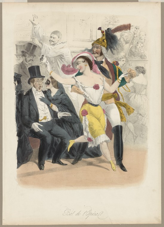 Hand-colored engraving showing a man in black tailcoat approached by a woman in minimal dress and pink hat at an opulent masked ball.