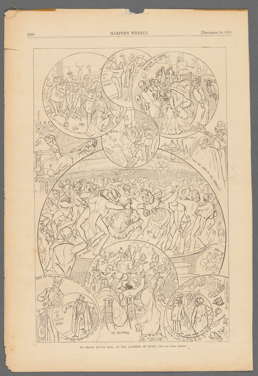 Wood engraving of a crowded Victorian ballroom with dozens of couples in formal dress dancing and socializing, surrounded by smaller scenes of related social