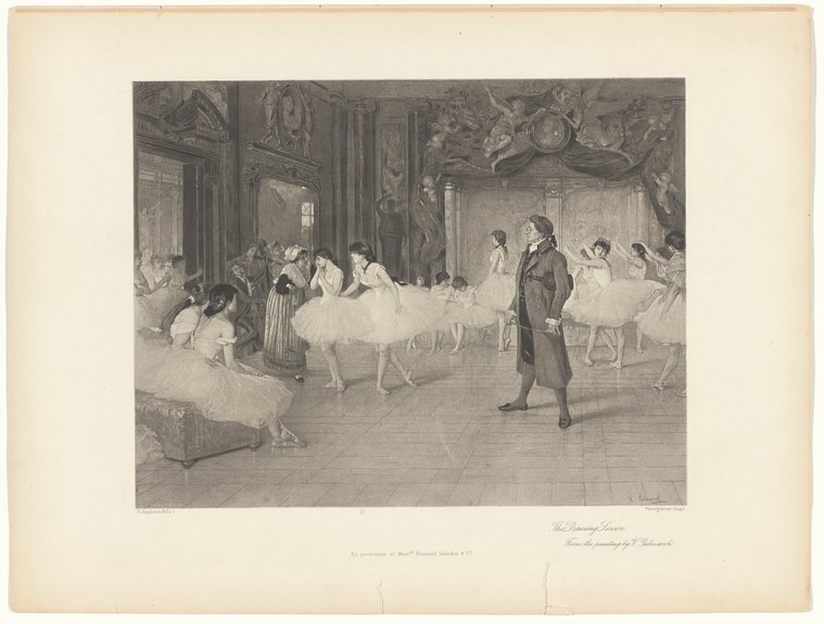 An engraving of a ballet class in a grand studio with columns; multiple dancers in white tutus and a male instructor in dark clothing observe and correct.