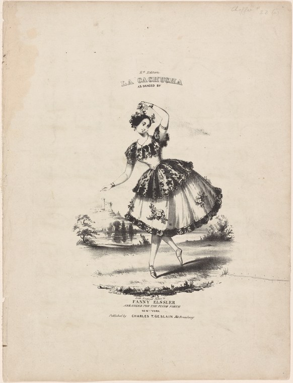 Fanny Elssler in a deeply arched balletic pose wearing a white gown with dark ornament, one leg lifted, arms extended, in a lithographed sheet-music cover.