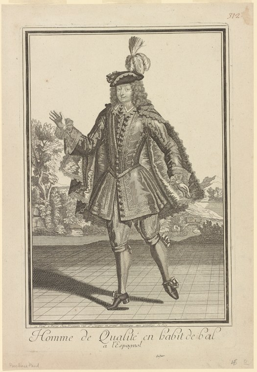 Engraving of a man in ornate Spanish court dress striking an open-armed pose, mid-movement, with feathered hat and elaborate embroidered coat.