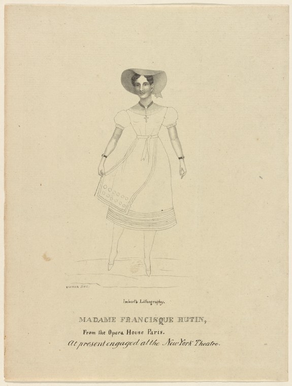 Lithograph of a woman in high-waisted muslin dress and large plumed bonnet, standing in formal pose with one arm extended.