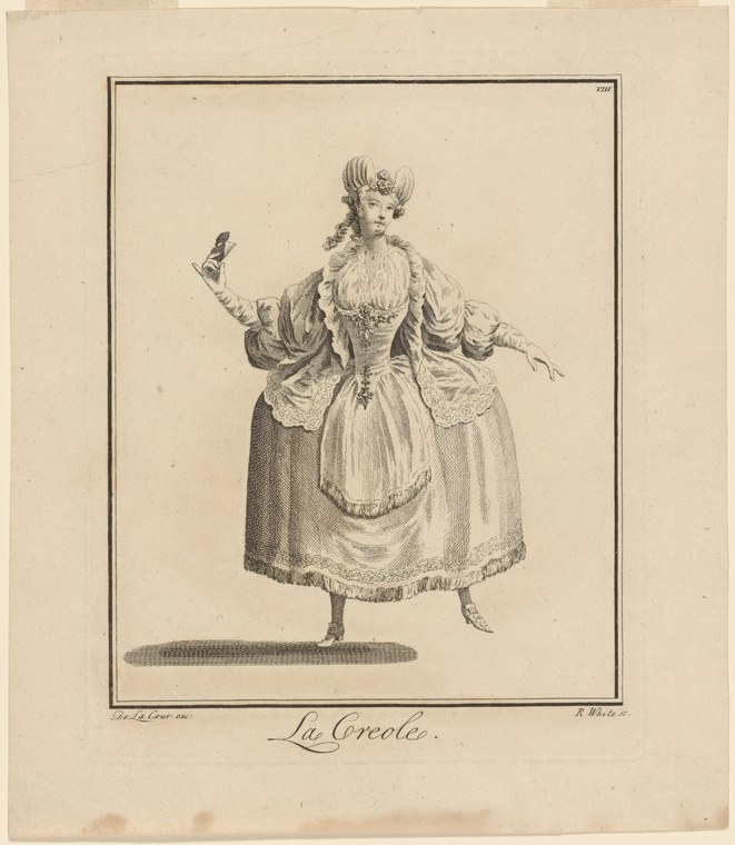 Engraved print of an 18th-century woman in an elaborate dress, standing in a poised pose with one arm raised, titled La Creole.
