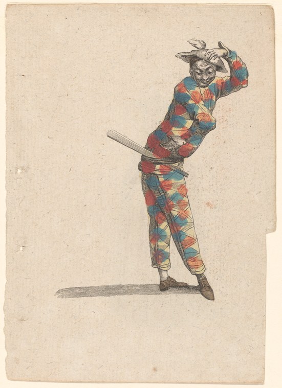 Hand-colored engraving of Harlequin in diamond-patterned red, blue, and gold costume, head tilted back, one hand raised, holding a wooden staff.