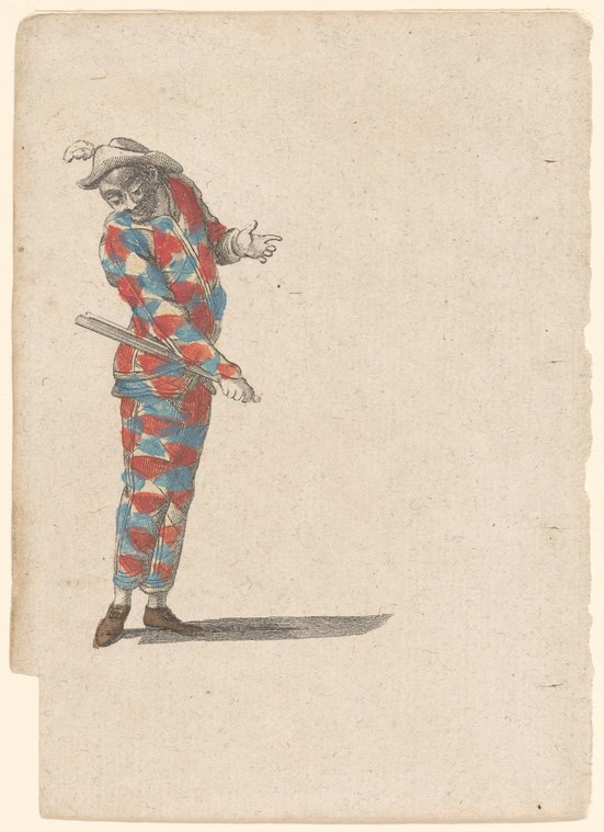 Hand-coloured engraving of Harlequin in diamond-patterned red, blue, and yellow costume, bent sharply forward with left arm extended, gazing downward in