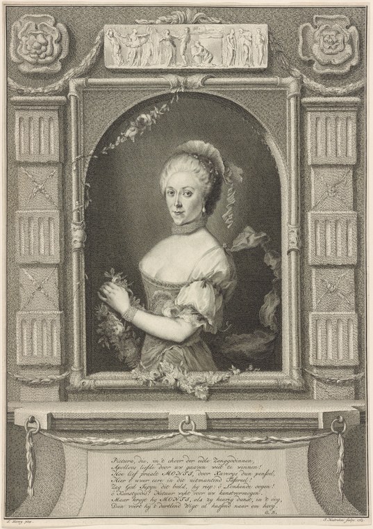 Engraved portrait of a young woman in high-waisted white gown and neoclassical frame, holding flowers, late 18th century.