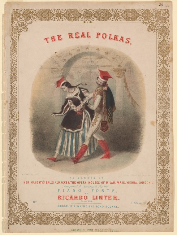 Hand-colored lithograph of a man and woman dancing the polka in 19th-century ballroom dress, the woman's skirt swirling as they turn.