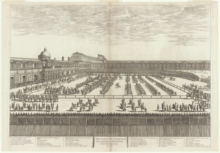 Bird's-eye engraving of mounted knights and soldiers in geometric formations in a palace courtyard flanked by colonnaded buildings, with spectators lining a