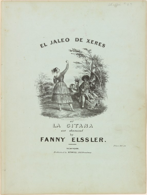 A woman in a striped skirt with one arm raised stands before two seated figures in a landscape with a wind-blown tree.