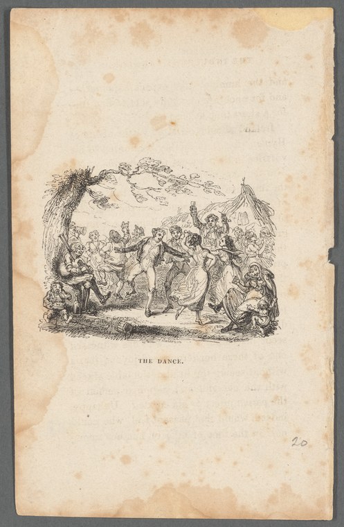 Engraving of outdoor dance gathering under a spreading tree, men and women in 18th-century dress, some dancing in pairs, others watching.