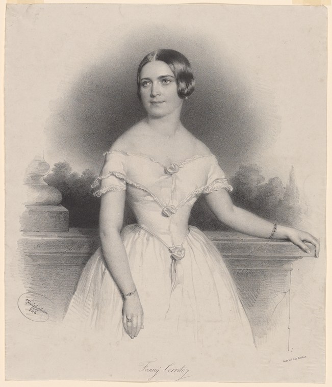Lithographic portrait of a young woman in white off-shoulder gown, standing in relaxed pose with arms gently positioned.