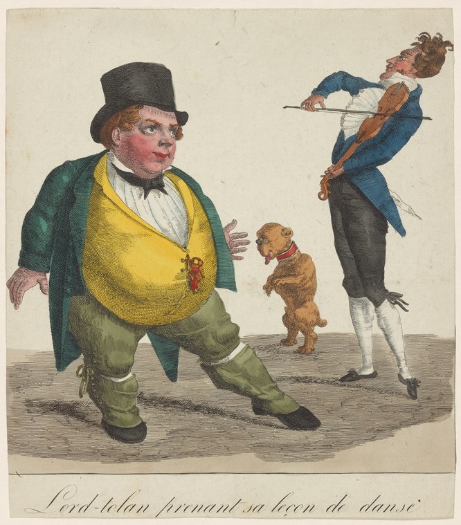 A portly gentleman in yellow waistcoat and green jacket watches an elegant male instructor demonstrate a balletic pose with a cane; a small spaniel sits