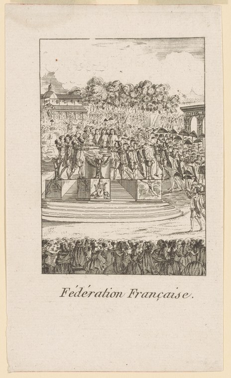 Late 18th-century engraving showing hundreds of spectators crowding around a raised platform where formally dressed figures stand in ceremonial arrangement.