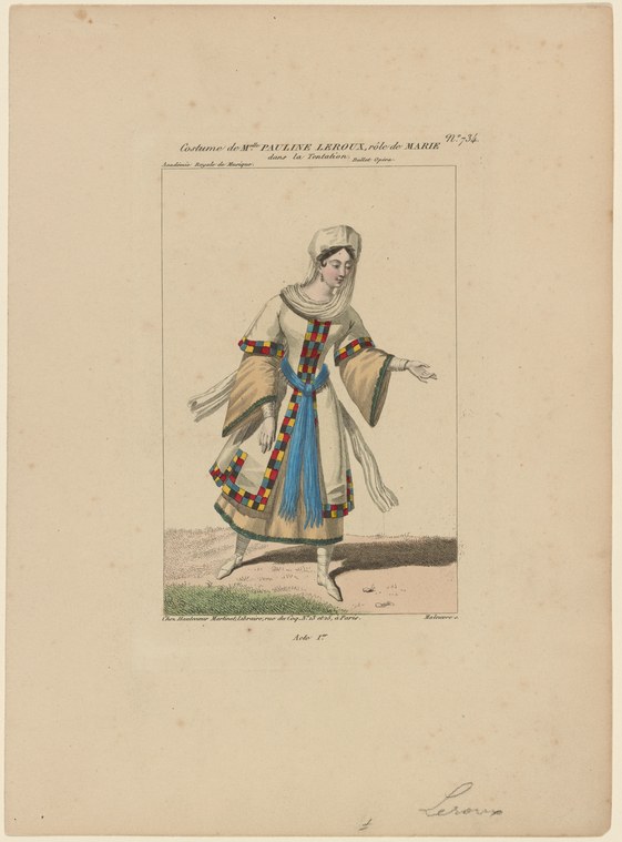 Hand-colored engraving of a female ballet dancer in long white and cream dress with tartan cloak and Slavic headdress, one arm extended, standing in profile.