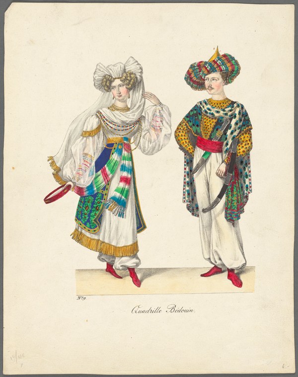 Two dancers in ornate orientalist costume posed mid-movement against a plain background in a hand-colored engraving.