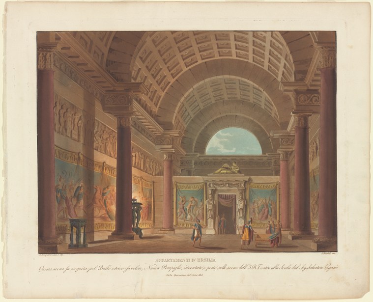 Engraved stage interior showing classical vault, columns, and frescoed walls with small figures in Greek dress walking through an archaeological space.