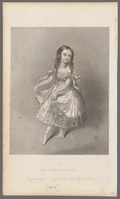 A pale-skinned female dancer in a white dress with lace trim stands in a balletic pose, her left arm extended, gazing away from the viewer.