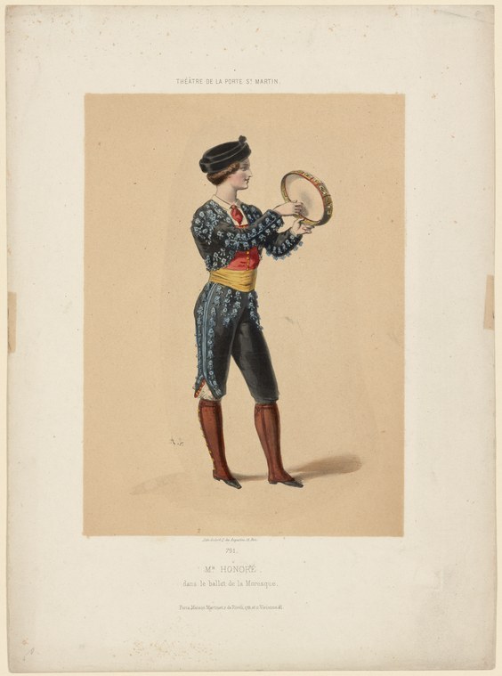 Hand-colored engraving of a male performer in jeweled blue jacket, red boots, and turban, holding a tambourine.